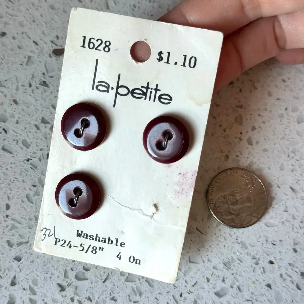 3 NEW Vintage 80s La Petite Maroon 2 Hole Flat Round Sewing Buttons 5/8